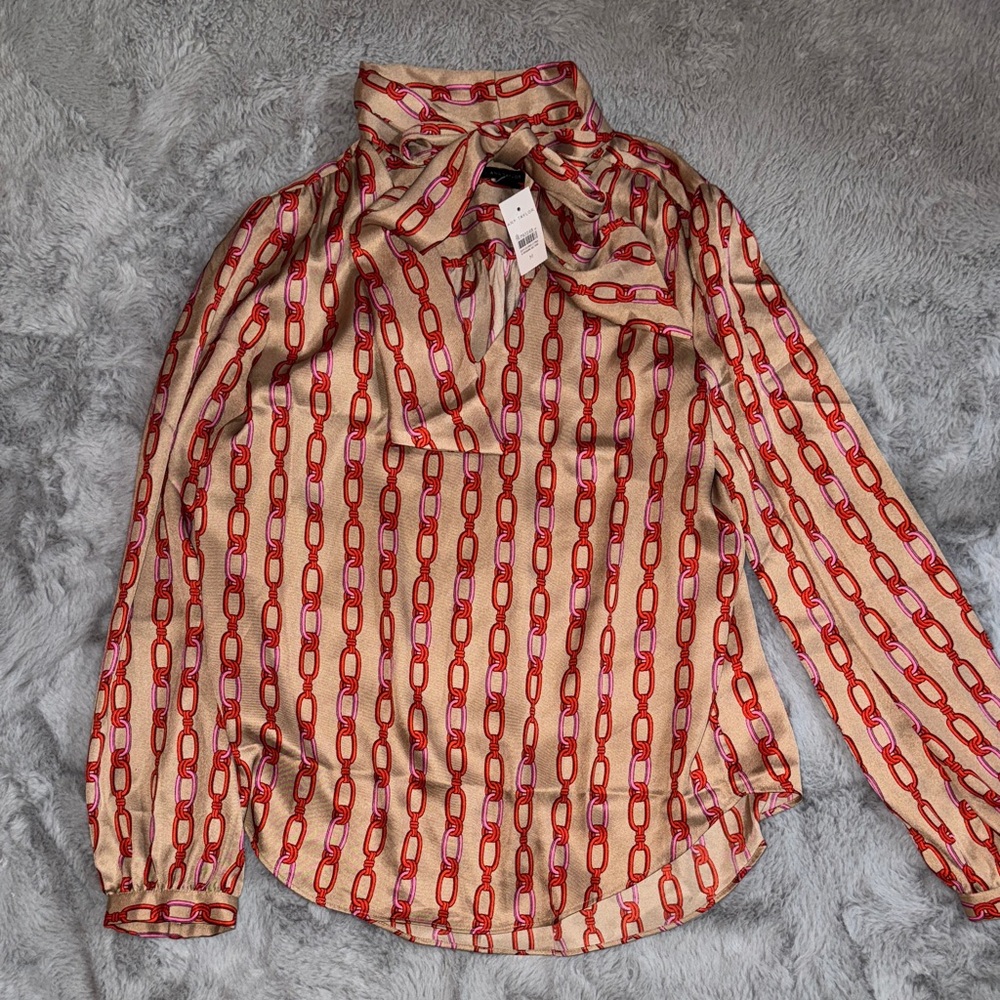 Ann Taylor Pink and Red Chain-Print Tie-Neck Blouse